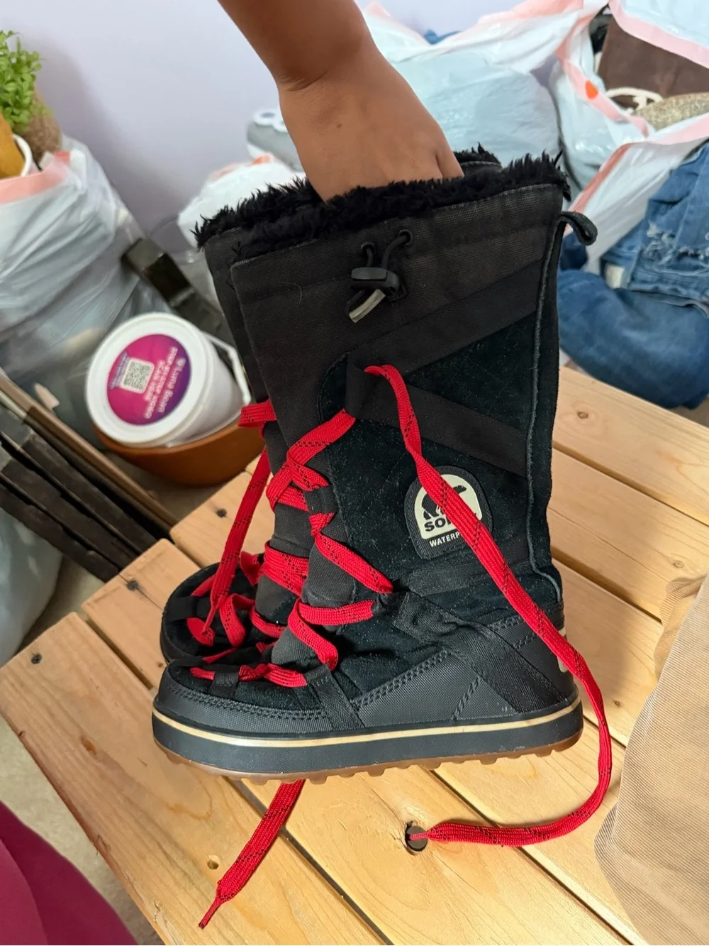 Sorel Kids Black Winter Boots with Red Laces
